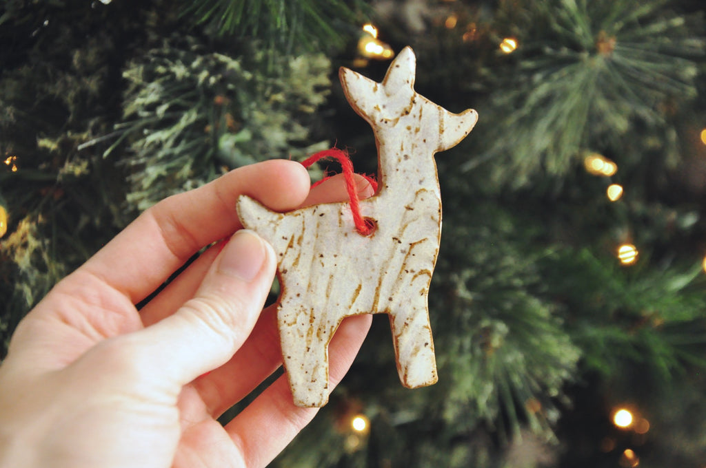 Deer Shaped rustic ornament with texture in white and brown, Deer ornament, woodland ornament, rustic ornament